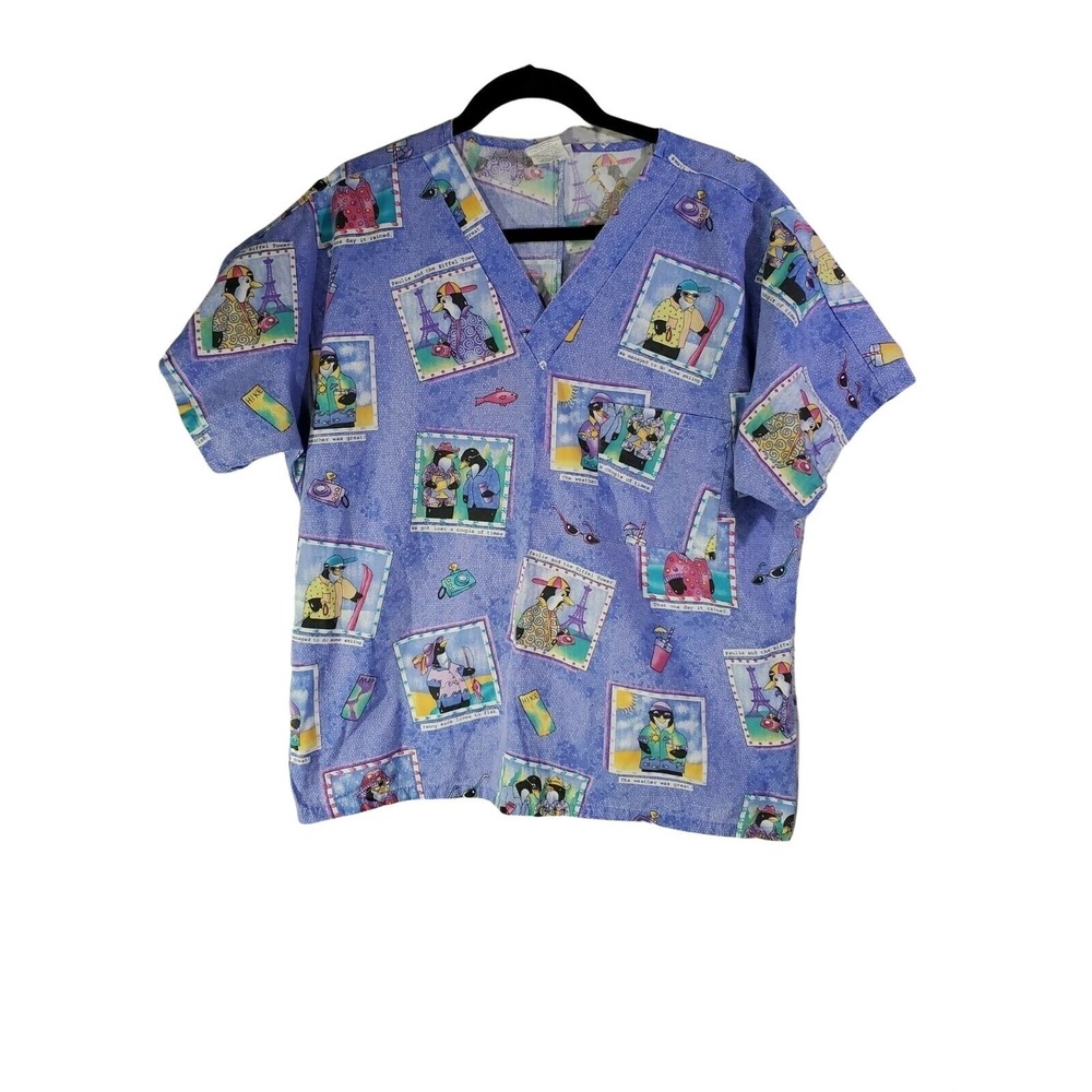 Simply Basic Top Size S Womens Penguin Print Short Sleeve V Neck Scrub Top